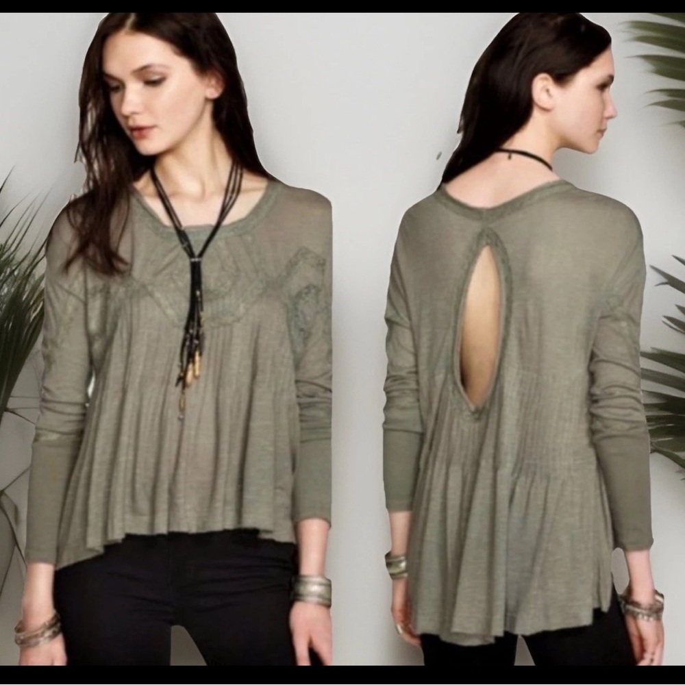FREE PEOPLE Shirt Womens Small Khaki Green New Hope Lace Front Open Back Top EUC
